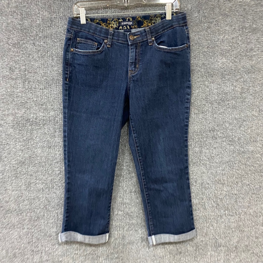 St Johns Bay Womens Dark Wash Denim Capri Jeans Cuffed Size 4 Cropped Stretch